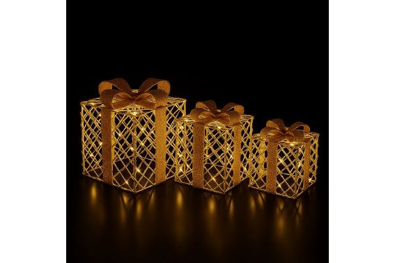 XMAS SET 3 GIFT BOXES W/LED WHITE GOLD INT. - 5923940