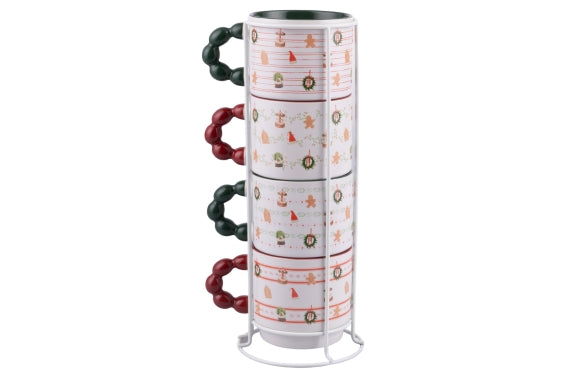 XMAS COTTAGE SET 4 MUGS W/ METAL STAND - 5924970