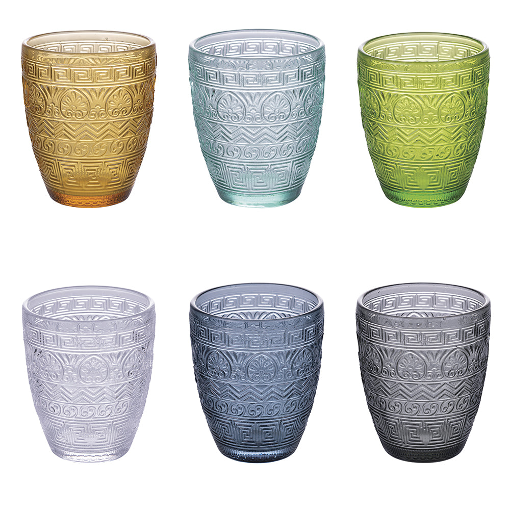 Set of 6 coloured glass water glasses with embossing 300 ml, Mexico