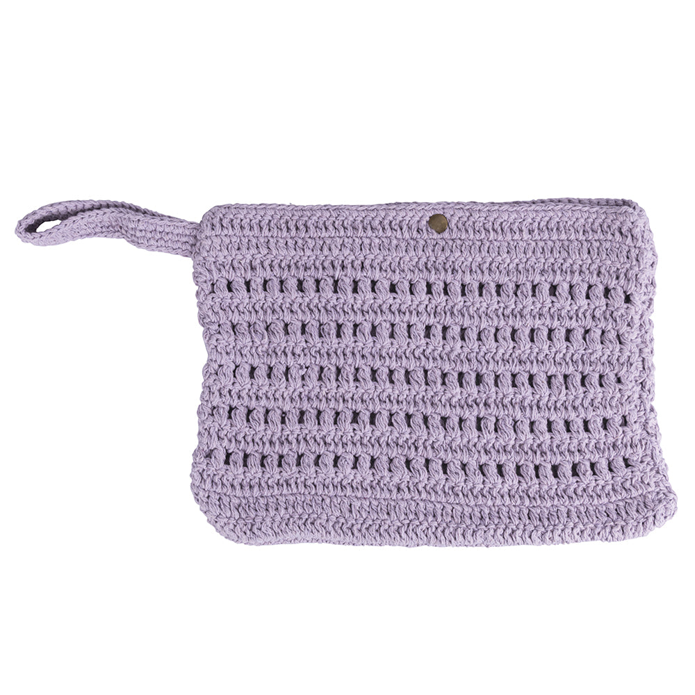 Crochet cotton clutch bag with button, lilac