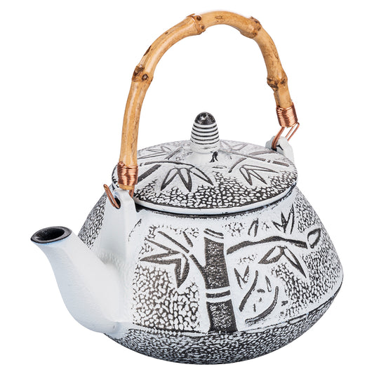 WHITE CAST IRON TEAPOT   BAMBOO HANDLE 0.8L - 5921329