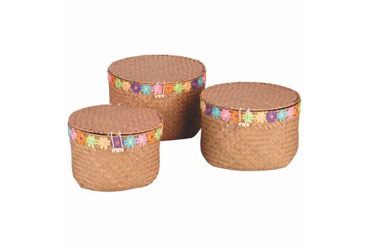NATURAL BASKETS SET3 W/COP. D.26/24/21CM FIBER/FLOWERS - 5923392