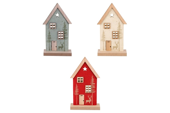 XMAS LITTLE HOUSE POLYEST/WOOD 13.5X5X25.5CM 3ASS - 5926918