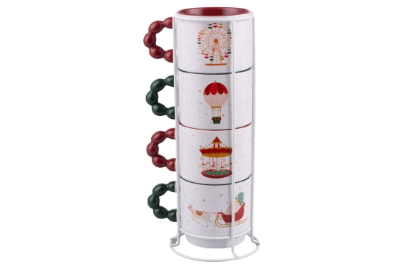 XMAS CIRCUS SET 4 MUGS W/ METAL STAND - 5928711