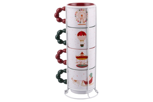 XMAS CIRCUS SET 4 MUGS W/ METAL STAND - 5928711