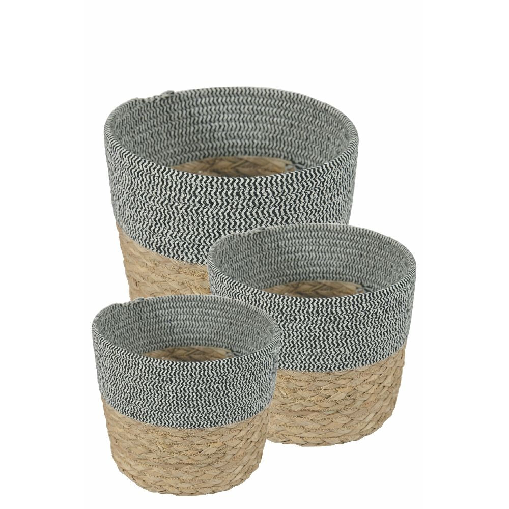 Set of 3 multipurpose straw baskets, fabric edge, Natural