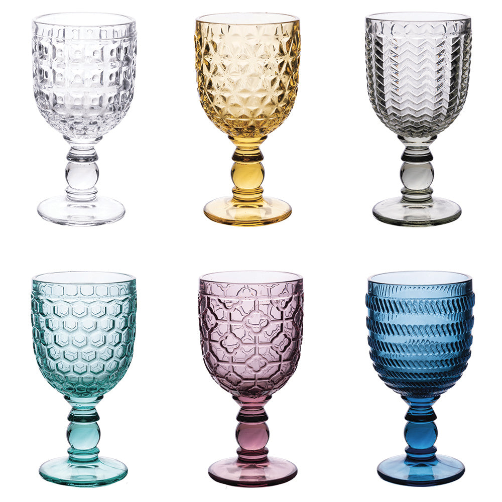 Set of 6 280 ml glass goblets, worked surface, Geometrie