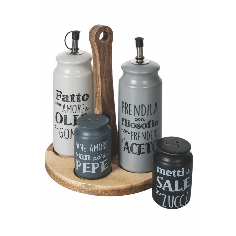 Idee 4-piece stoneware condiment set with woodenstand