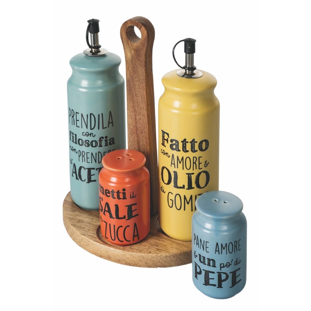 Stoneware oil, vinegar, salt and pepper set, wood stand, Idee