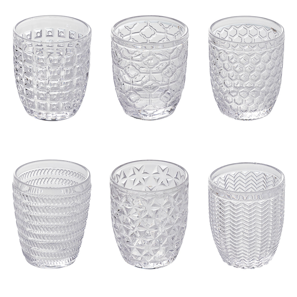 Set of 6 water glasses 350 ml, transparent glass decorated in relief, Geometrie