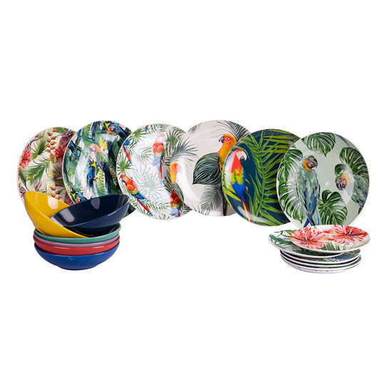 18-piece porcelain dinner set, 6 different place settings, Parrot Jungle