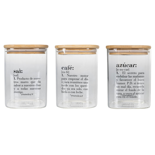 Set of 3 salt, sugar and coffee jars, clear glass, bamboo lid, Victionary Spanish