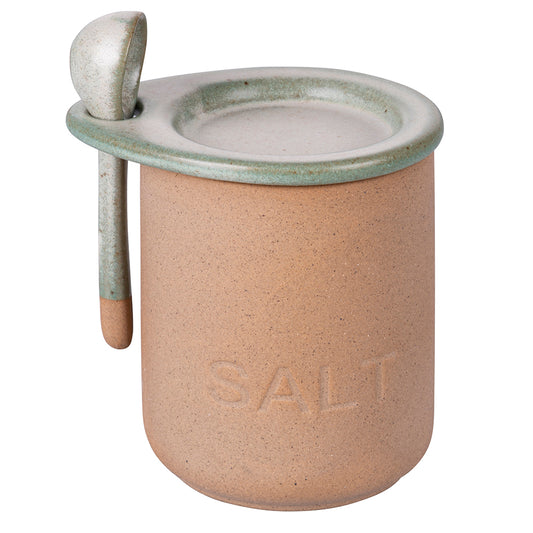 Ceramic salt jar 400 ml, with spoon, double polished and unpolished finish, Pompei