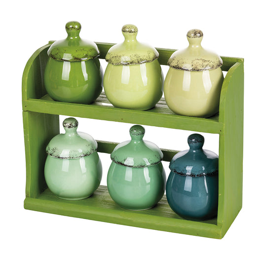 Set of 6 ceramic spice jars with stand wood, Baita Greenery