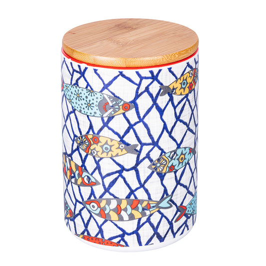 870 ml ceramic jar, bamboo lid, marine decoration, Los Cabos