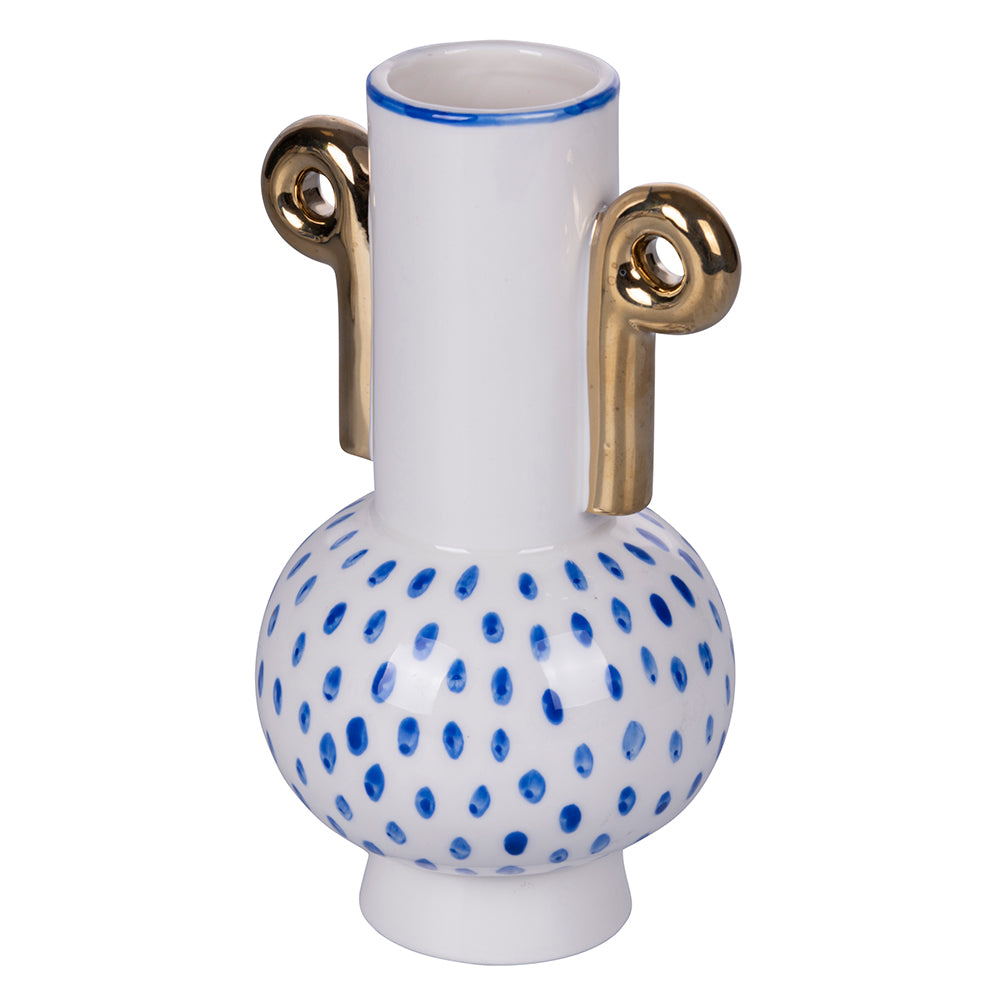 White porcelain design vase with blue details and gold handles h.20 cm, Egeo