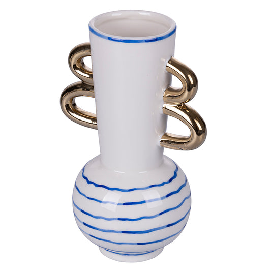 White porcelain design vase with blue details double gold handle h.22,5 cm, Egeo