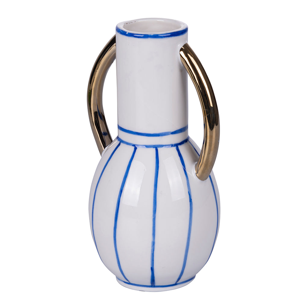 White porcelain design vase with blue details and gold handles h.19,5 cm, Egeo