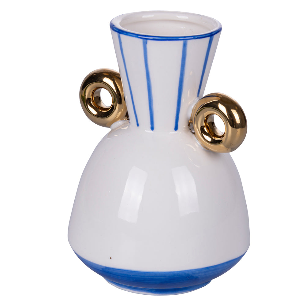 White porcelain design vase with blue details and gold handles h.17 cm, Egeo