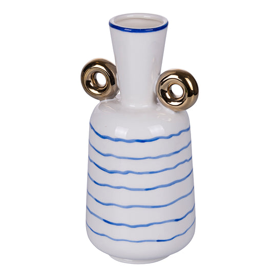 White porcelain design vase with blue details and gold handles h.26,5 cm, Egeo