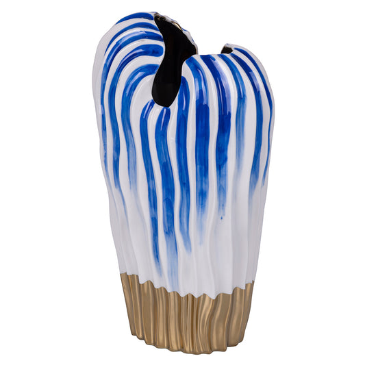 White porcelain design vase with blue and gold details h.28 cm, Egeo