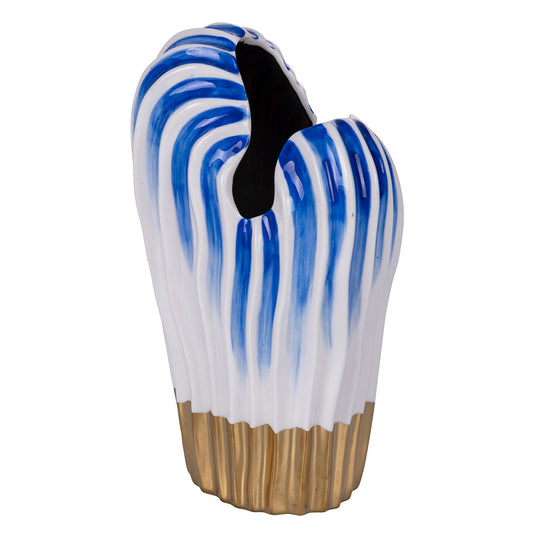 White porcelain design vase with blue and gold details h.22 cm, Egeo