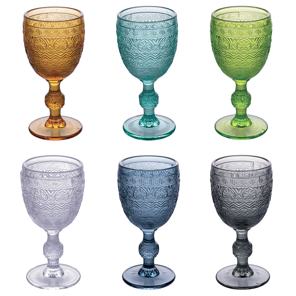 Set of 6 coloured glass goblets with relief work 210 ml, Mexico