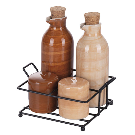 Oil, vinegar, salt and pepper set of stoneware, metal stand, Shades of Chocolate