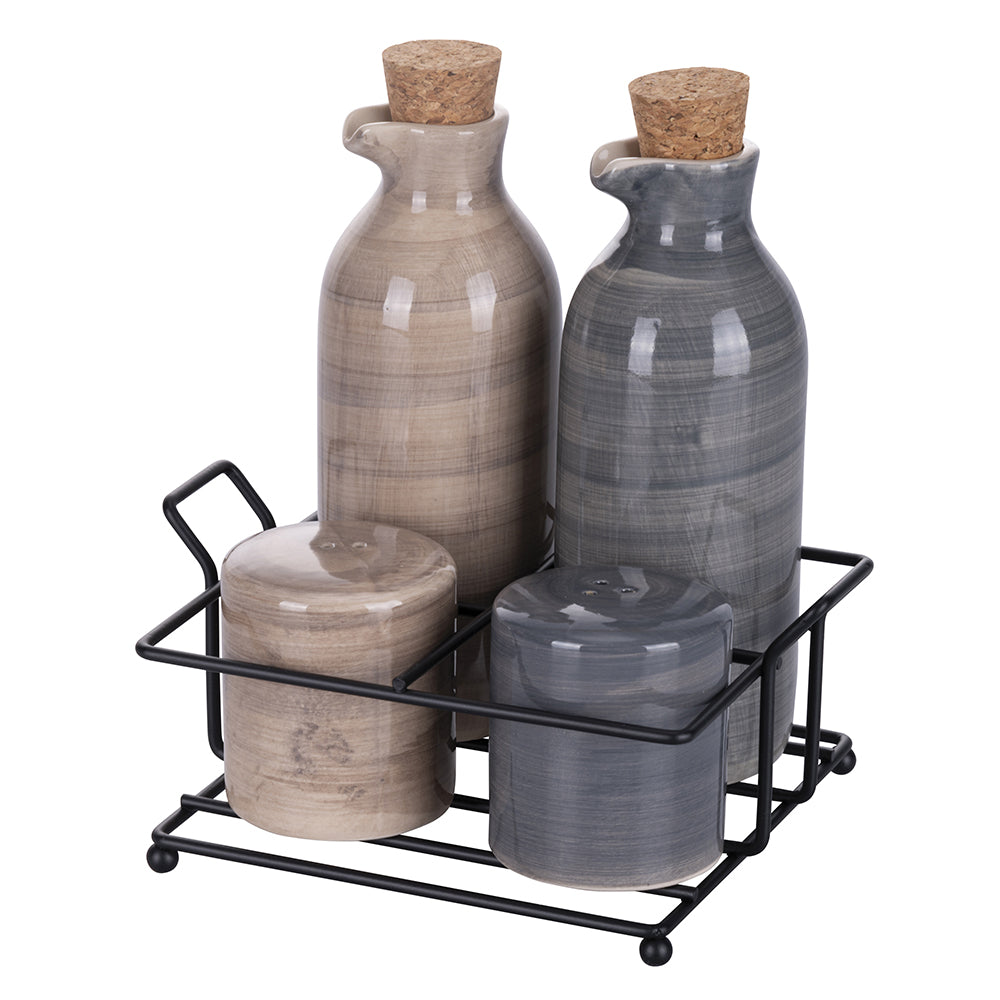 Stoneware oil, vinegar, salt and pepper set, metal stand, Shades of Stones