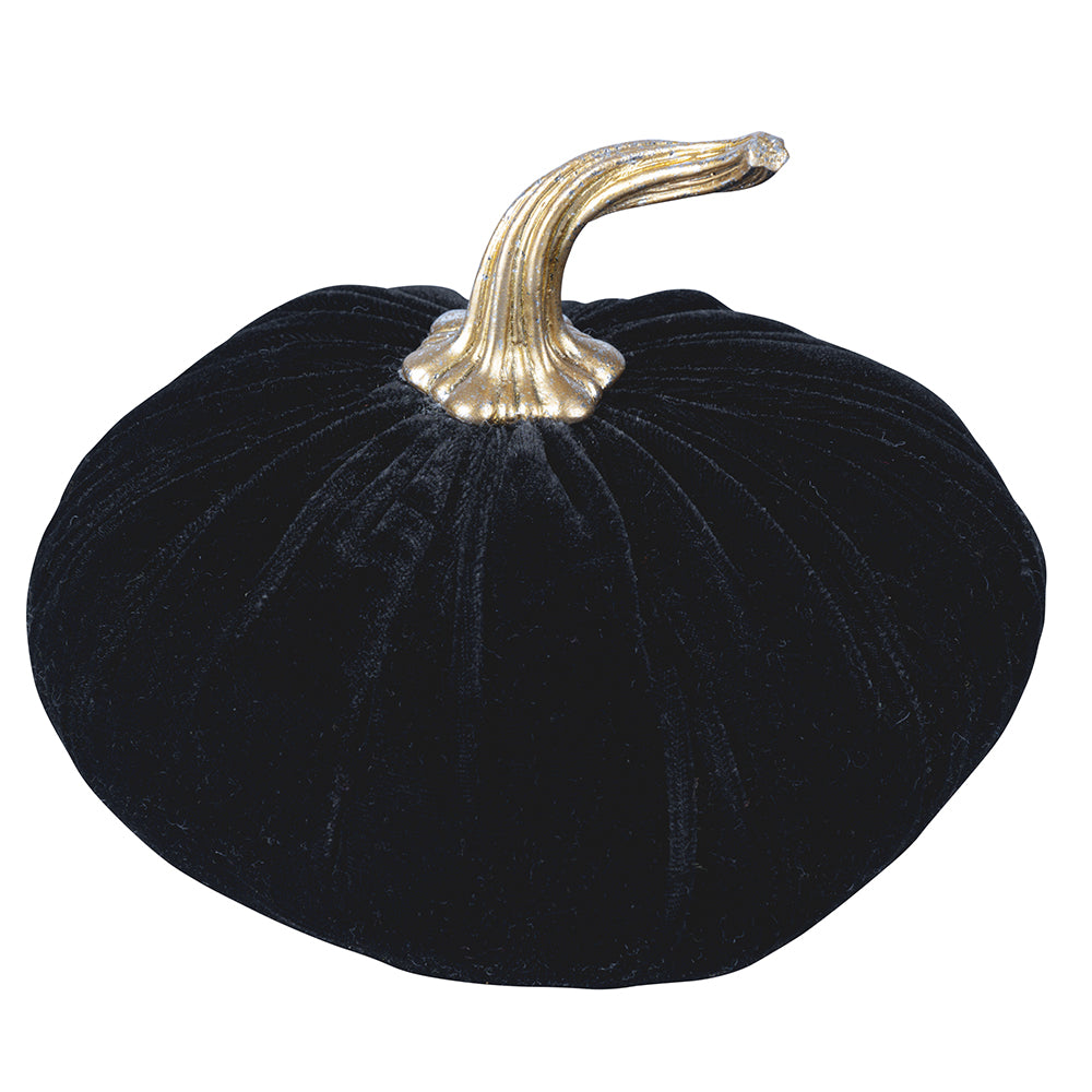 Black decorative pumpkin in velvet-effect fabric, gold petiole, Ø 16x h.16 cm