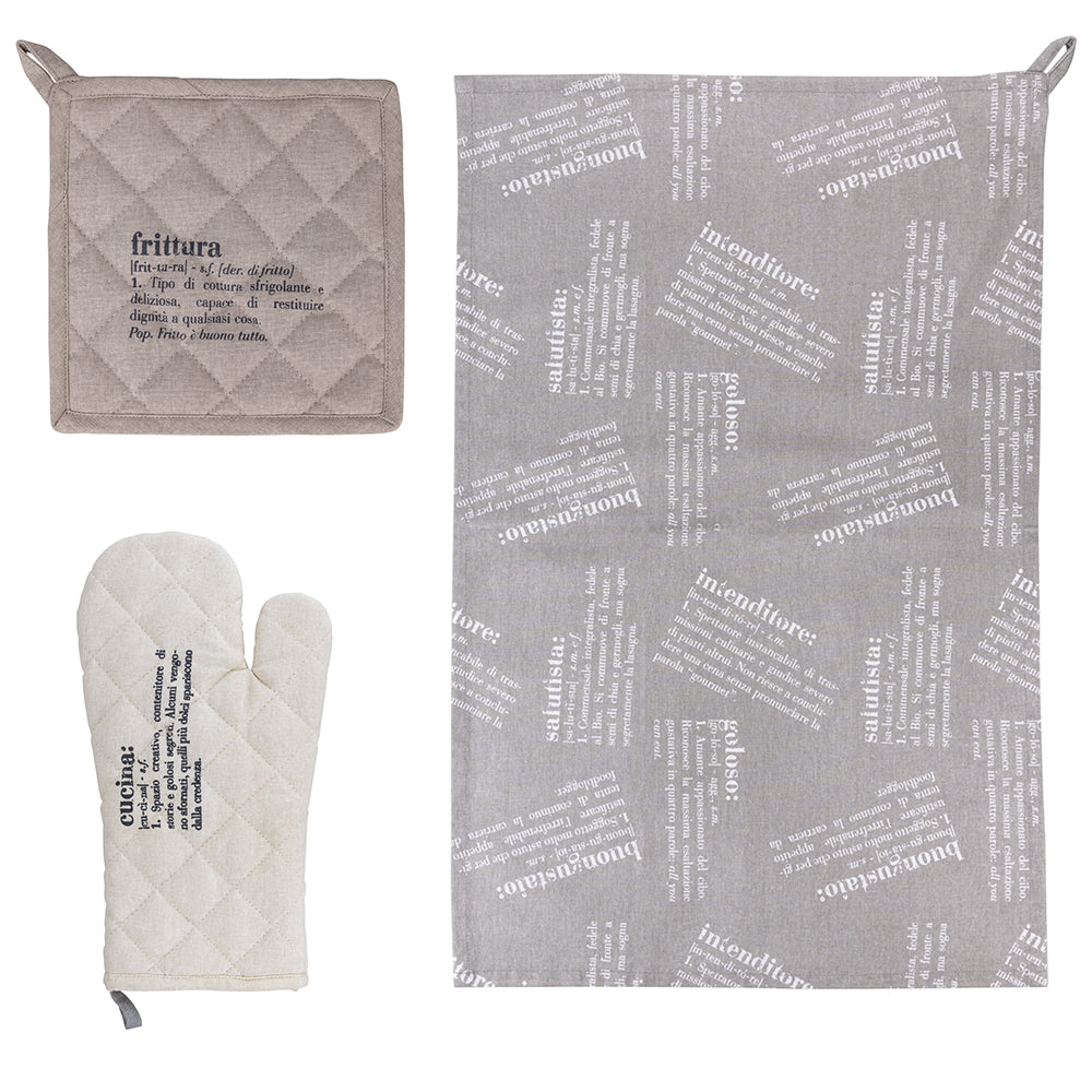 Cotton potholder, glove and kitchen towel set, Victionary