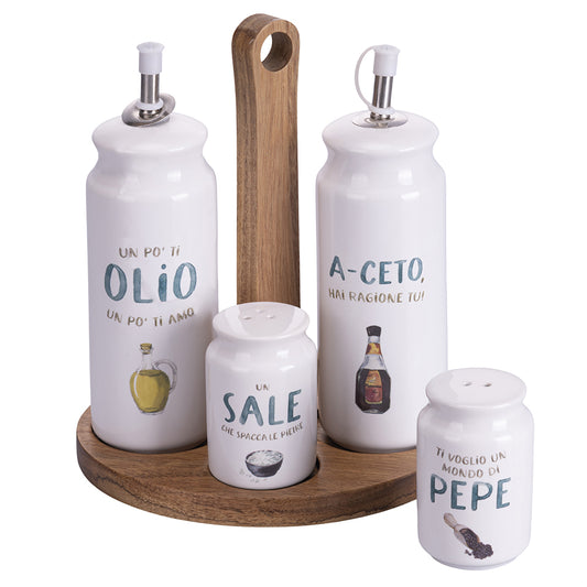 Stoneware Seasoning set oil, vinegar, salt and pepper set, wooden stand, Le Travisate