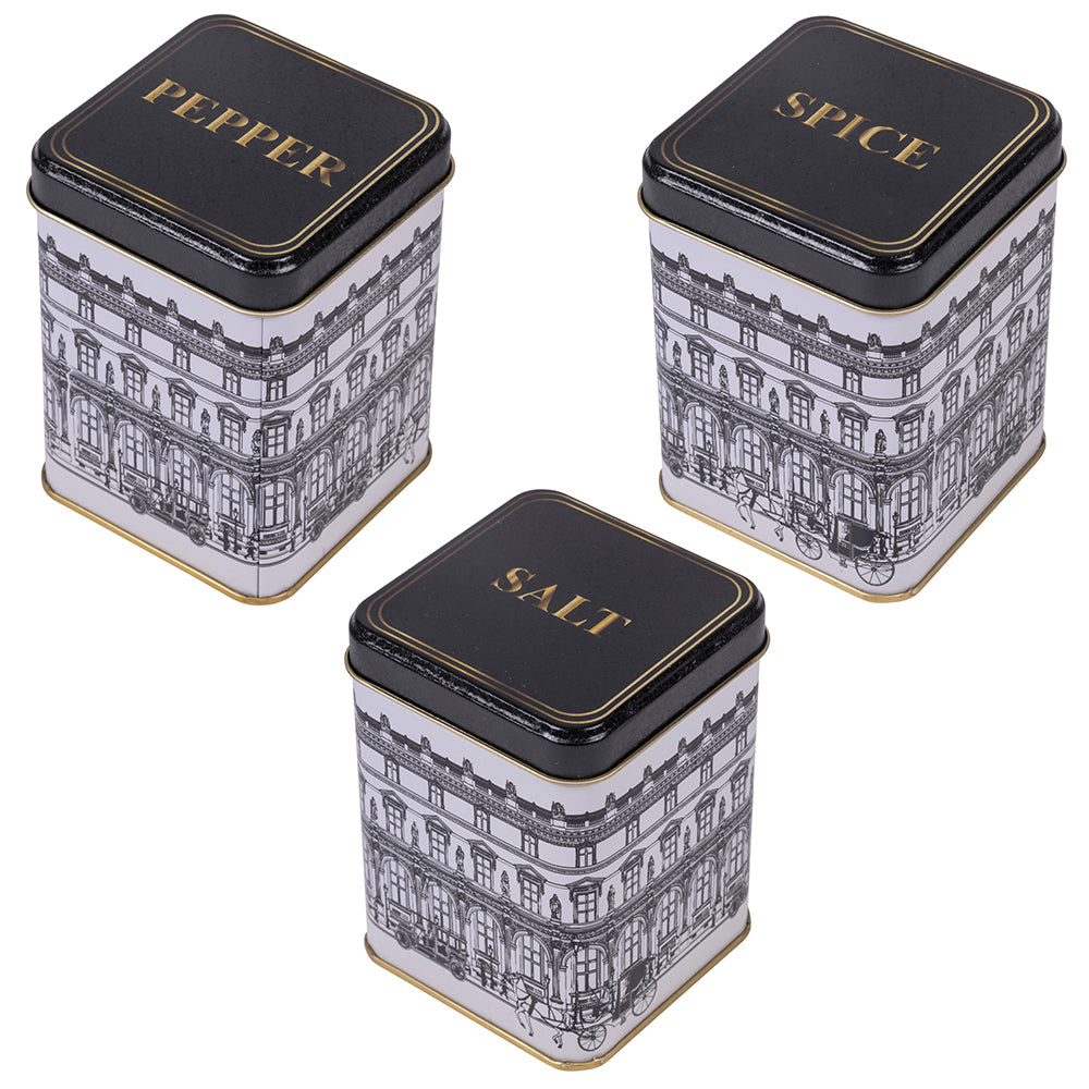 3 metal jars Set, salt, pepper and spice, City