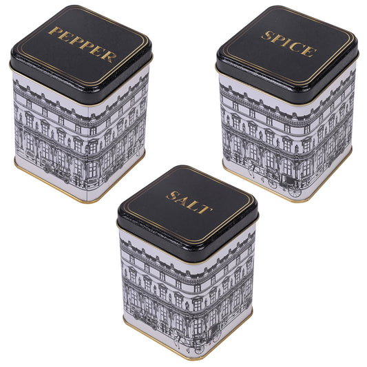 3 metal jars Set, salt, pepper and spice, City