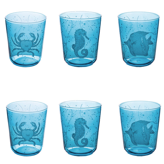 Set of 6 water glasses, in glass 315ml, marine decoration, Under Sea