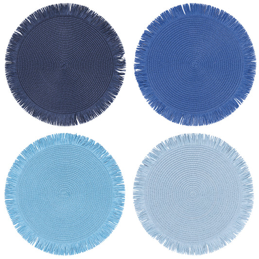 Round placemat with fringes, Shades of Ocean