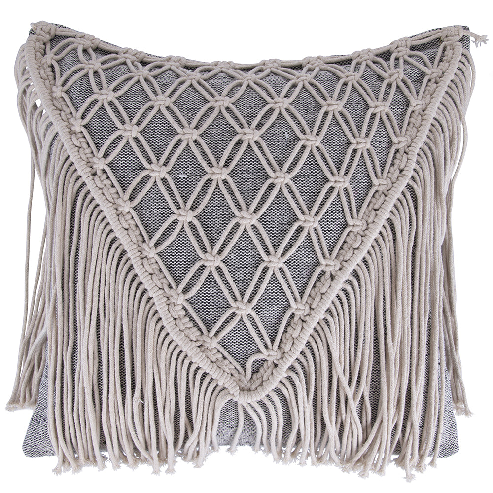 Macramé woven fringed cotton cushion, 45x45 cm