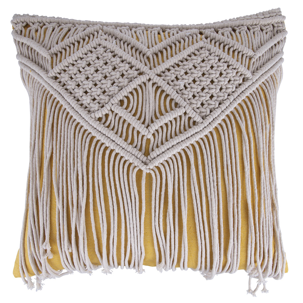 Macramé embroidery and fringes cushion in yellow cotton, 45x45 cm