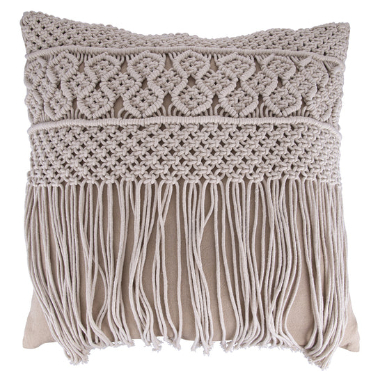 Embroidery and fringed Macramé cotton furnishing cushion Chocolate, 60x60 cm