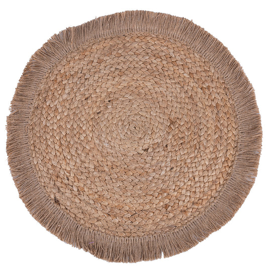 Round Jute placemat Ø 38 cm, woven decoration and fringed border