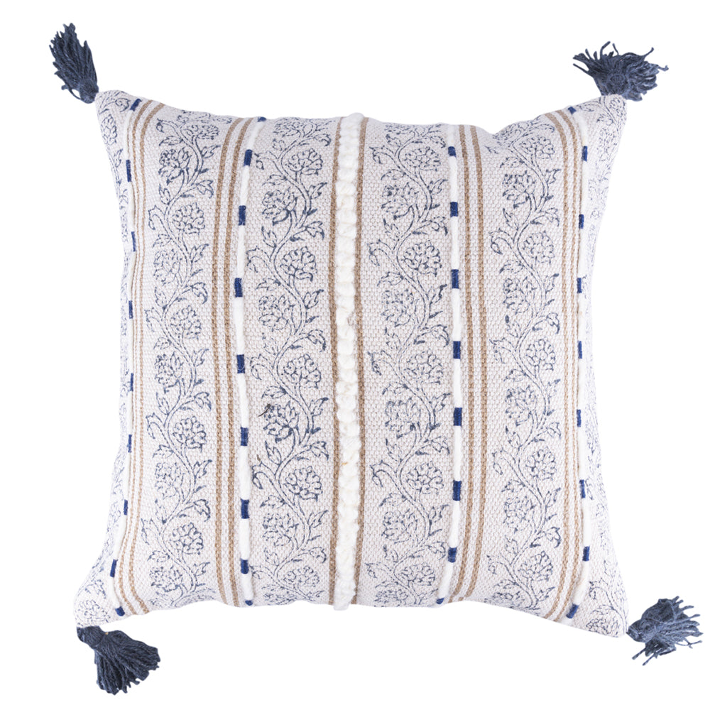 Furnishing cushion cover with blue tassels and floral decoration 45x45 cm, white and blue