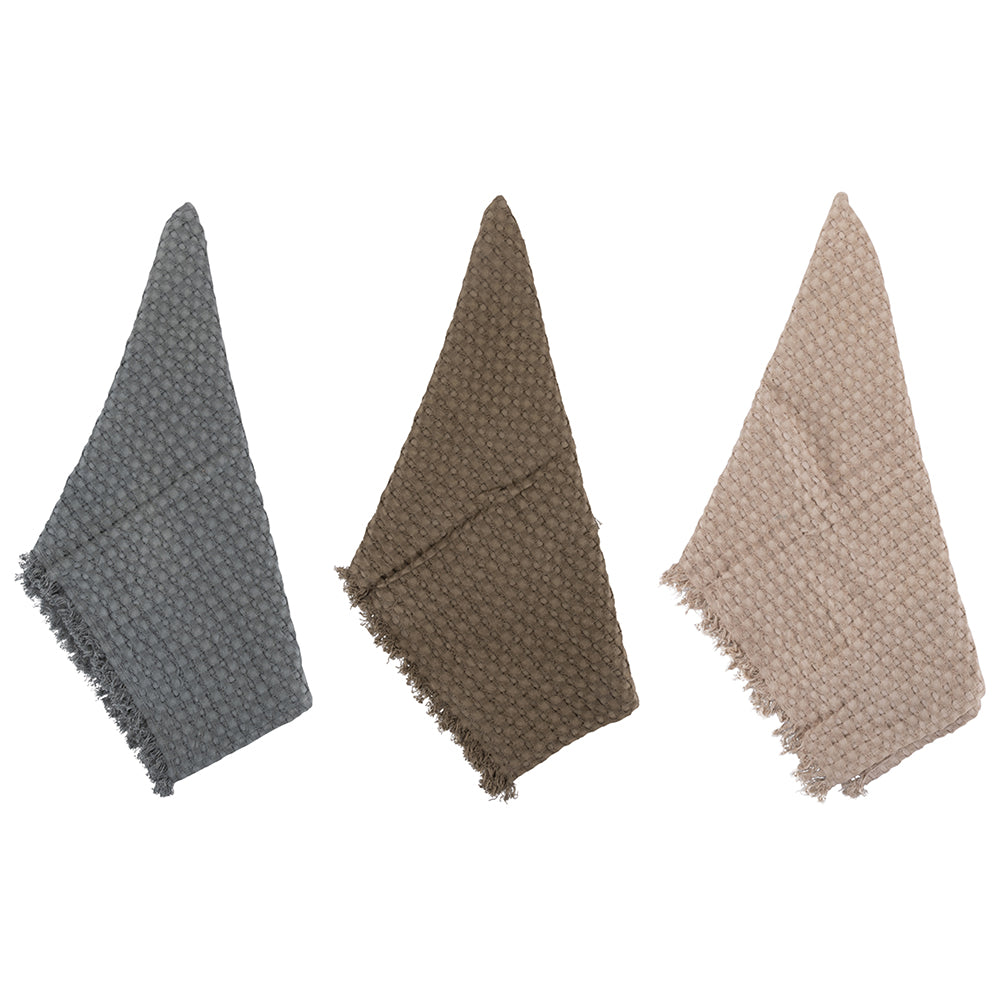 Set of 3 100% cotton kitchen towels with fringes and honeycomb weave, Nude