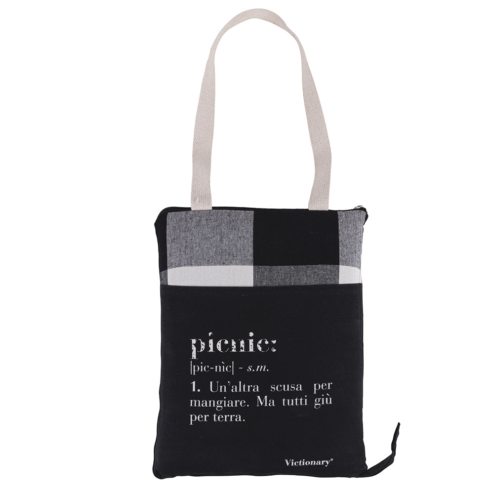 Black cotton picnic blanket, folding bag with handle, Victionary