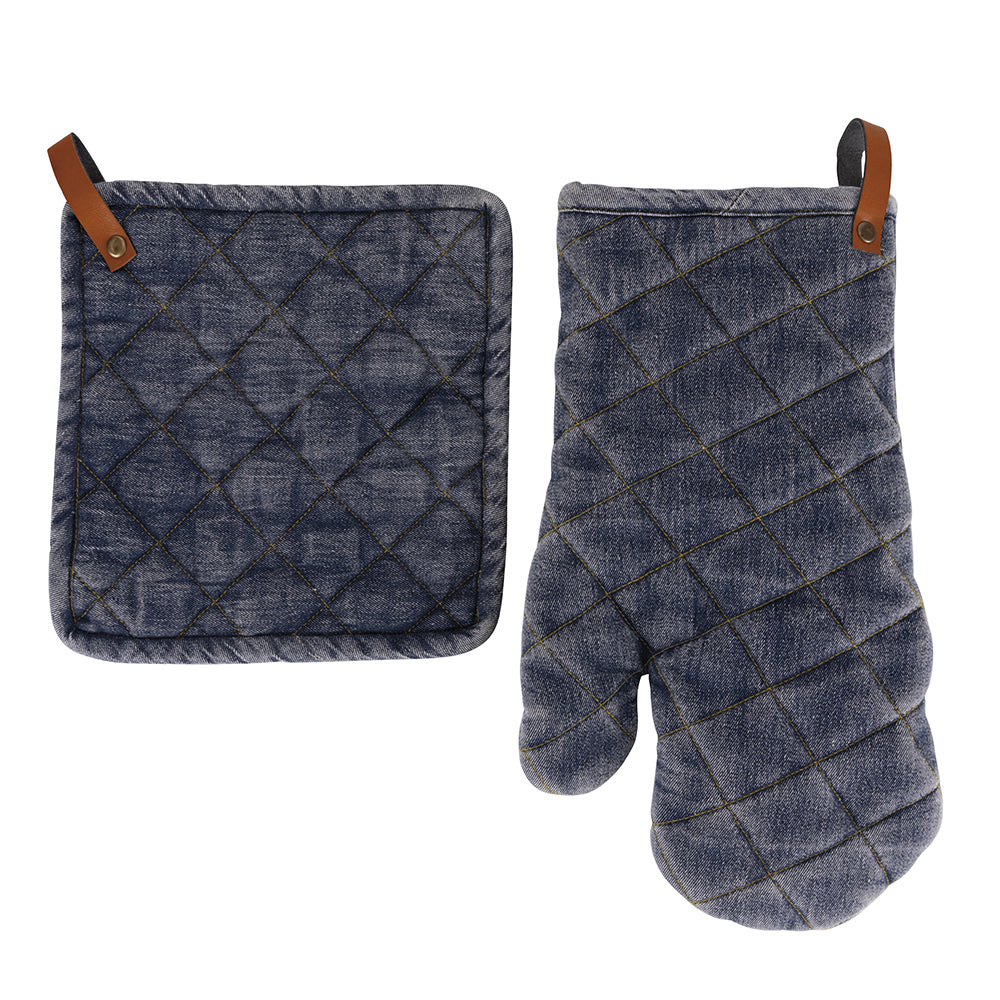 Cotton oven glove and pot holder set, Denim