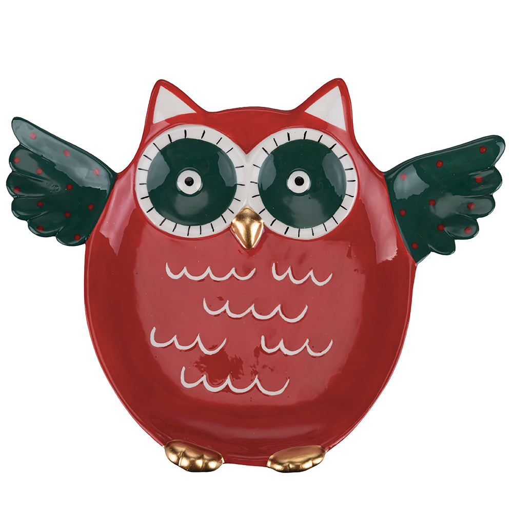 Single red ceramic plate, owl design, Nordic