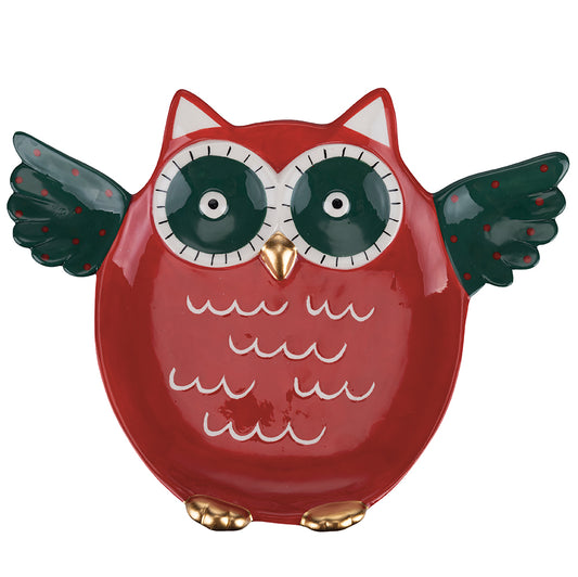 Single red ceramic plate, owl design, Nordic