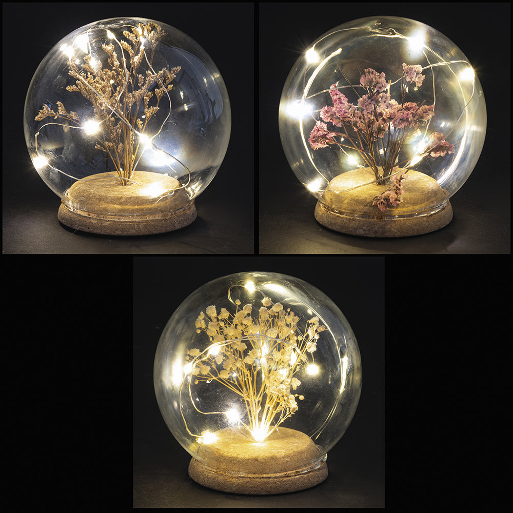 LED ball Christmas centrepiece Ø 12 cm, glass, cork and flowers, Xmas