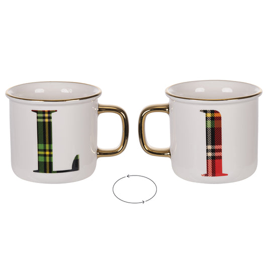 Mug 300 ml in new bone china, tartan, Monogram L